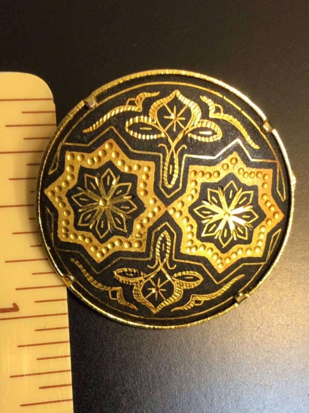 Vintage Mid Century Damascene Gold Tone Brooch Arabesque Design Trombone Clasp